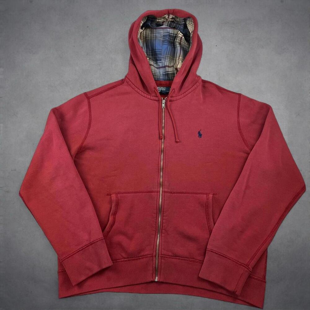 Polo Ralph Lauren Full Zip Hoodie Extra Large Red plaid lined hood vintage 90s - Picture 3 of 8